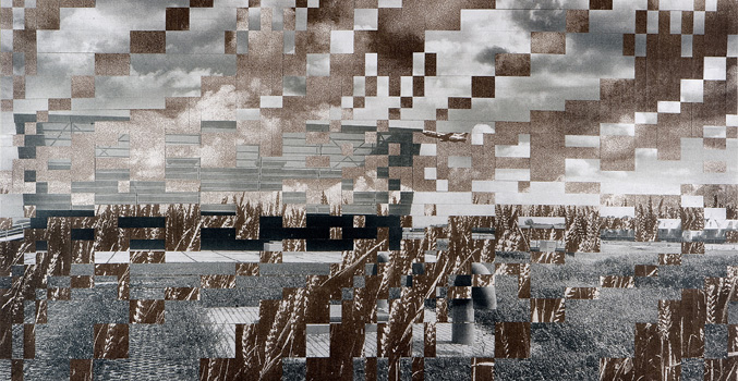 Hollands landschap 5, geprint/gevlochten canvas, 104 x 180 cm.